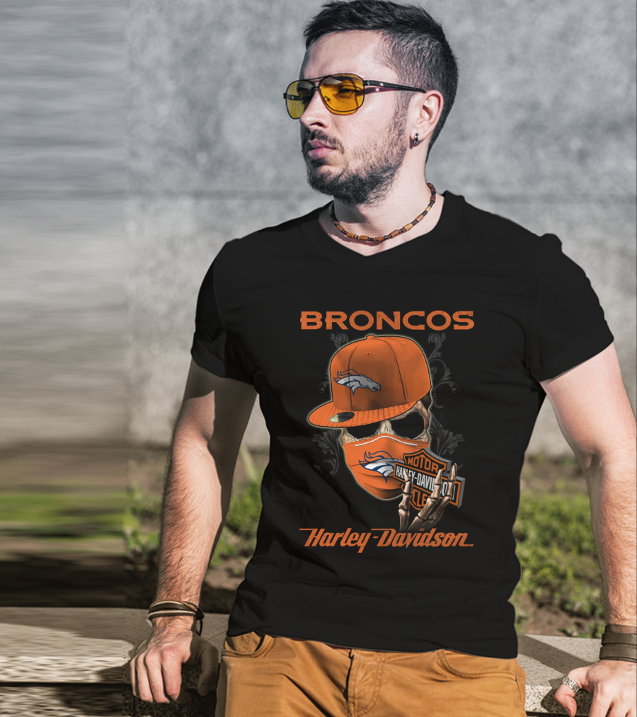 Broncos Harley Davidson Nfl Denver Broncos Skeleton Hat T-Shirt