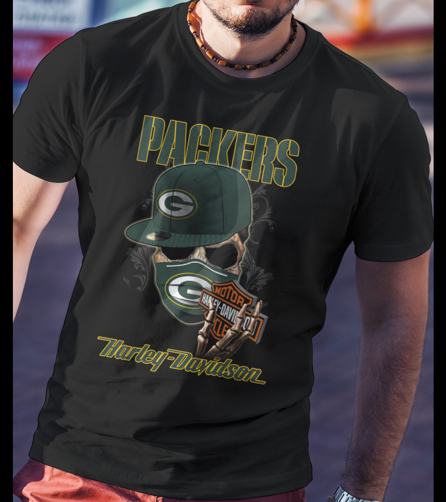 Packers Harley Davidson Skull With Green Bay Packers Cap And Bandana T-Shirt