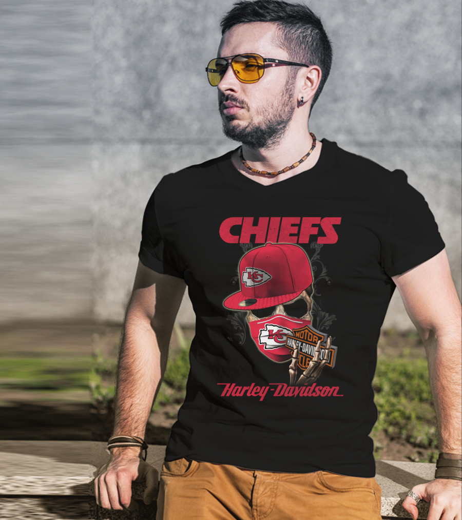 Kansas City Chiefs Harley Davidson Skull And Cap T-Shirt