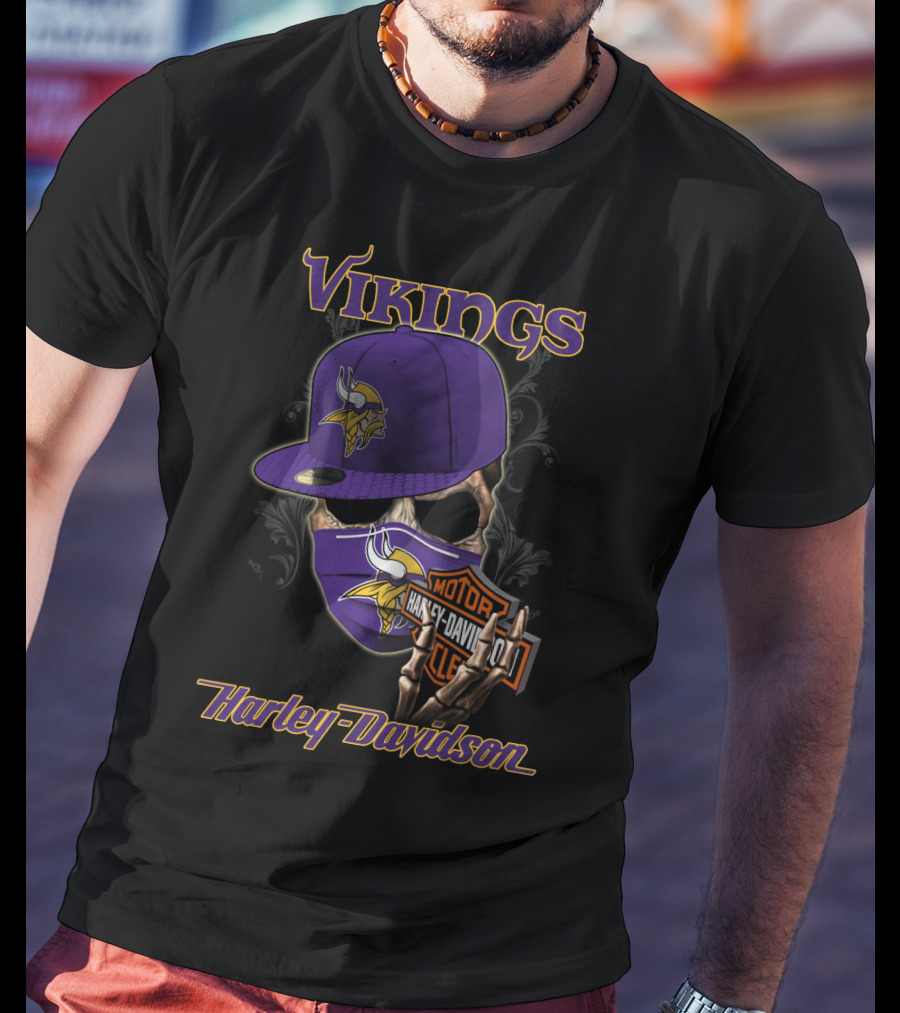 Vikings Harley Davidson Skeleton Wearing Nfl Minnesota Vikings Hat And Mask T-Shirt