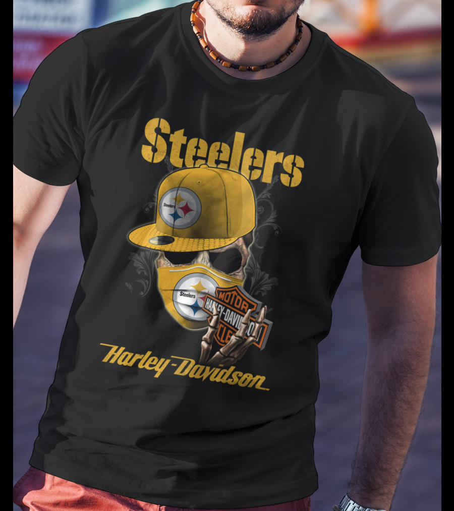 Steelers Harley Davidson Skull With Cap And Motorcycle T-Shirt