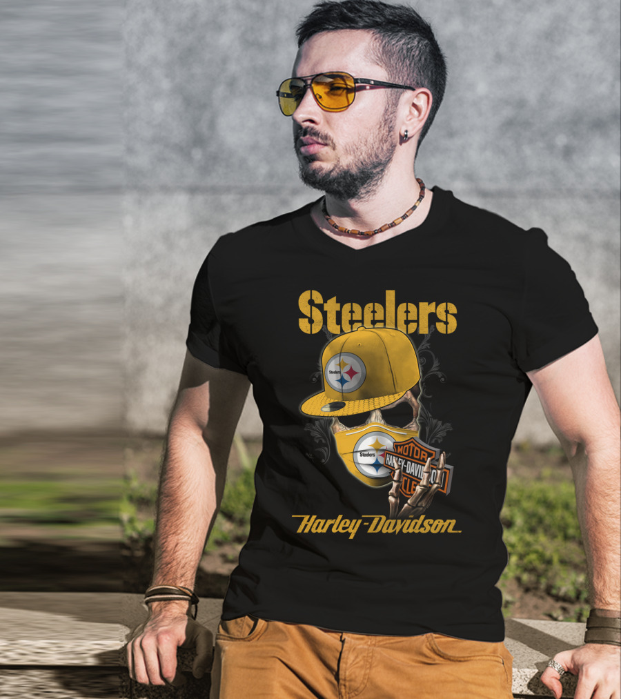 Steelers Harley Davidson Skull With Cap And Motorcycle T-Shirt