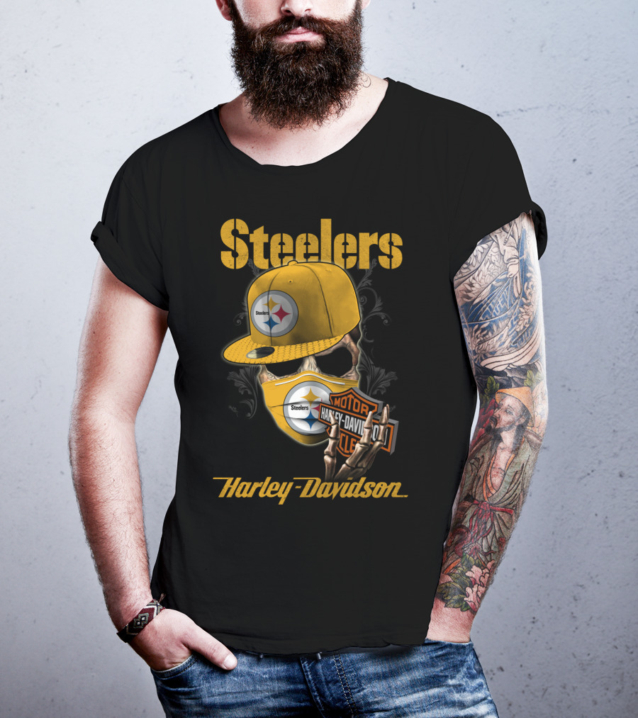 Steelers Harley Davidson Skull With Cap And Motorcycle T-Shirt