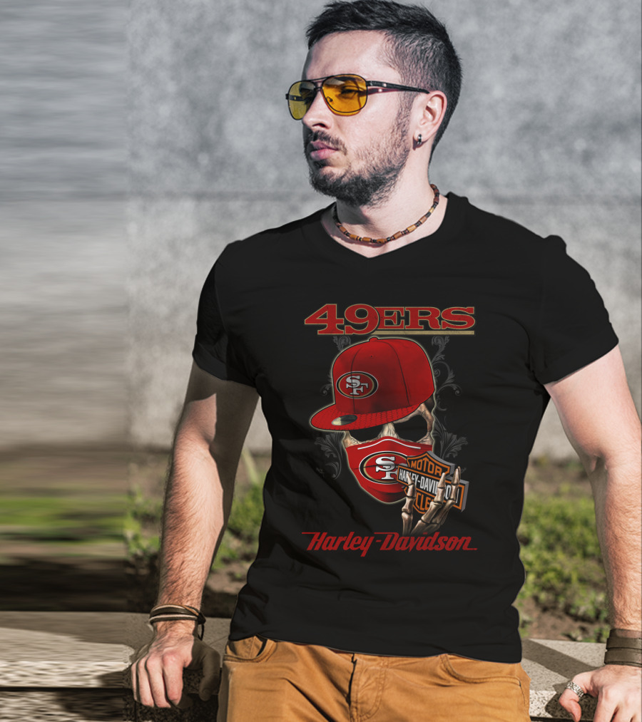 49ers San Francisco Nfl Harley Davidson Motorcycle Skeleton T-Shirt
