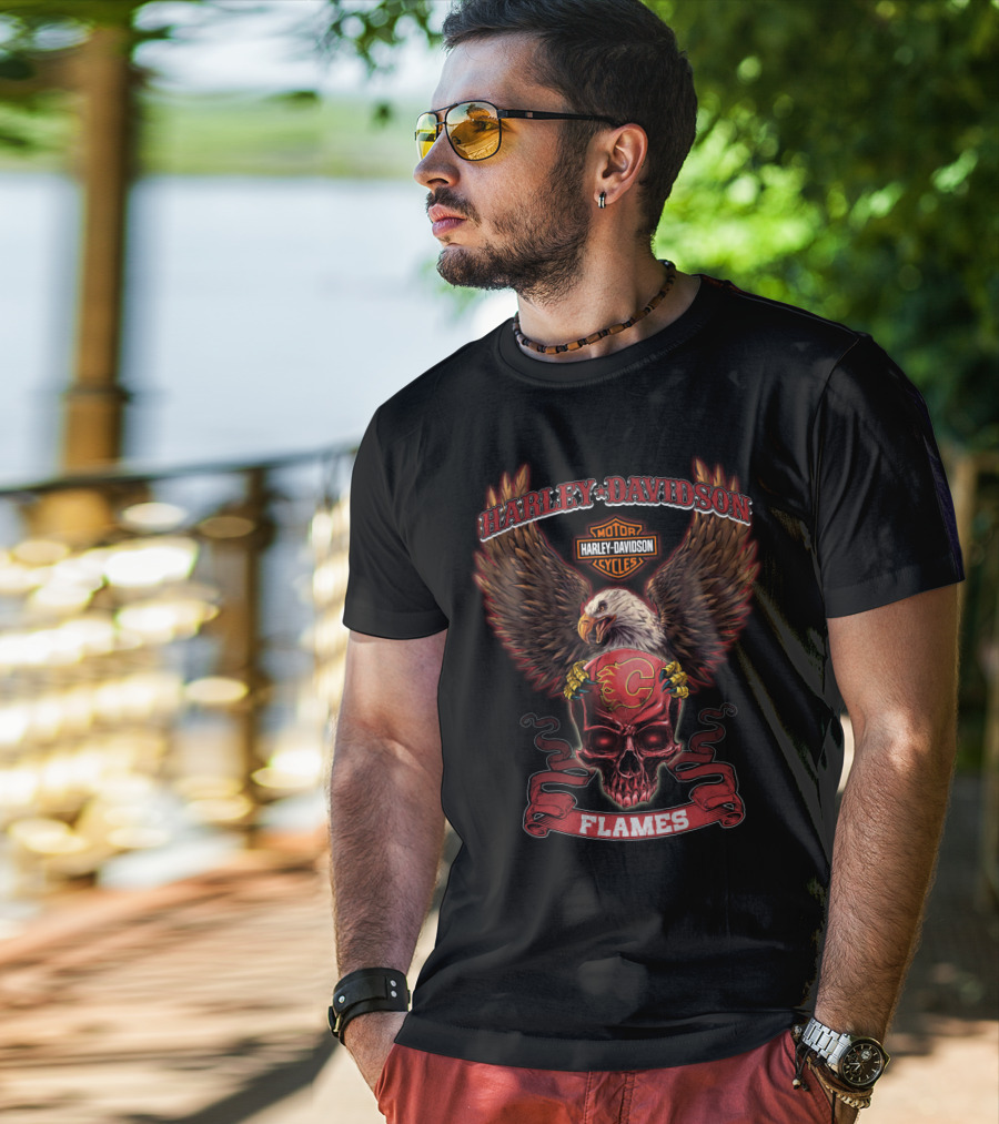 Harley Davidson Calgary Flames Eagle Skull T-Shirt