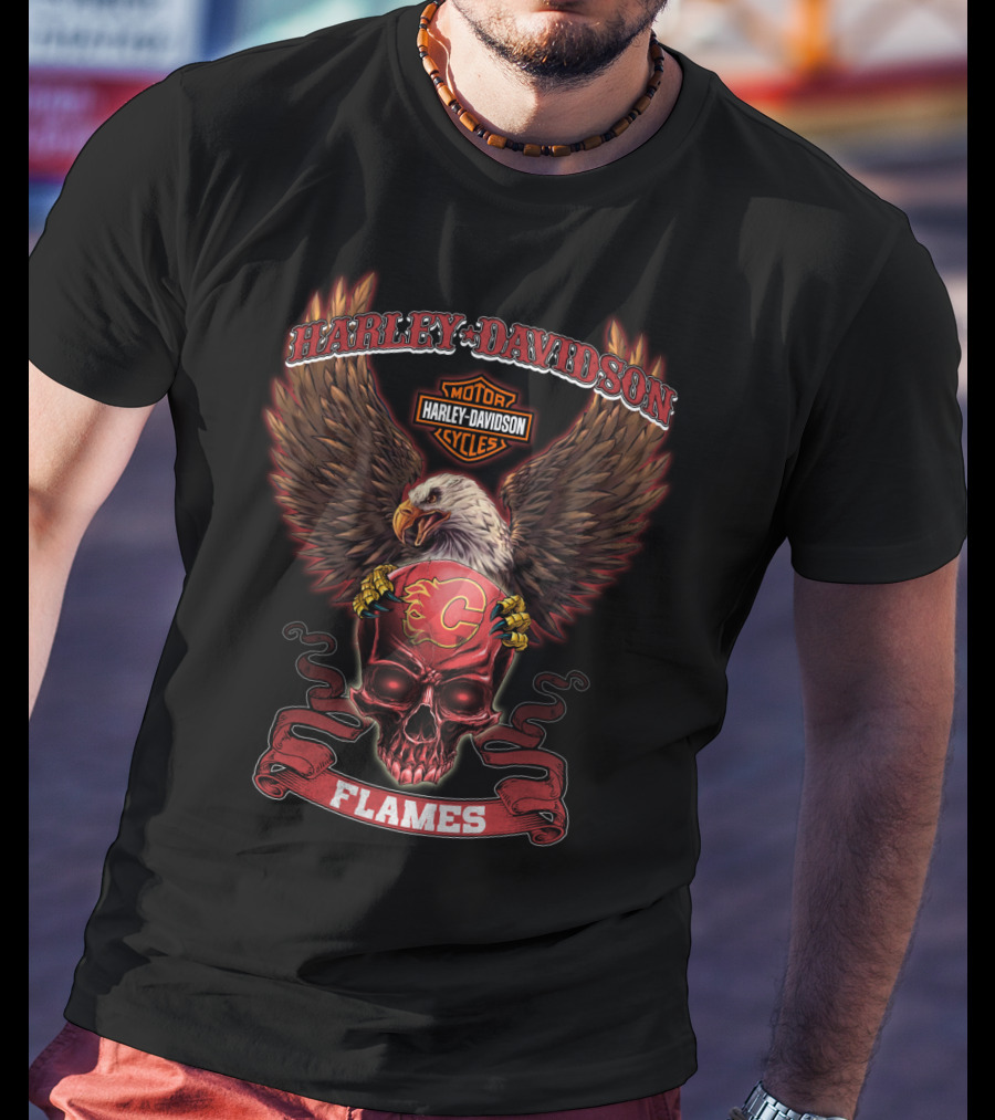 Harley Davidson Calgary Flames Eagle Skull T-Shirt