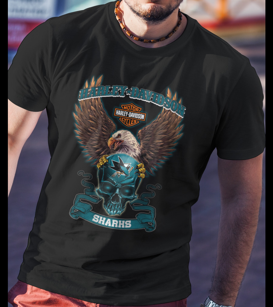 Harley Davidson Sharks Motor Cycles Eagle Skull T-Shirt