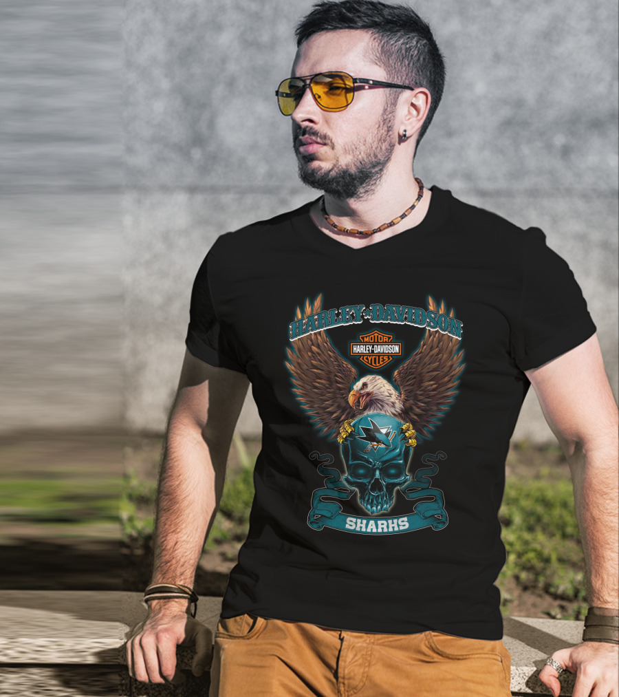 Harley Davidson Sharks Motor Cycles Eagle Skull T-Shirt