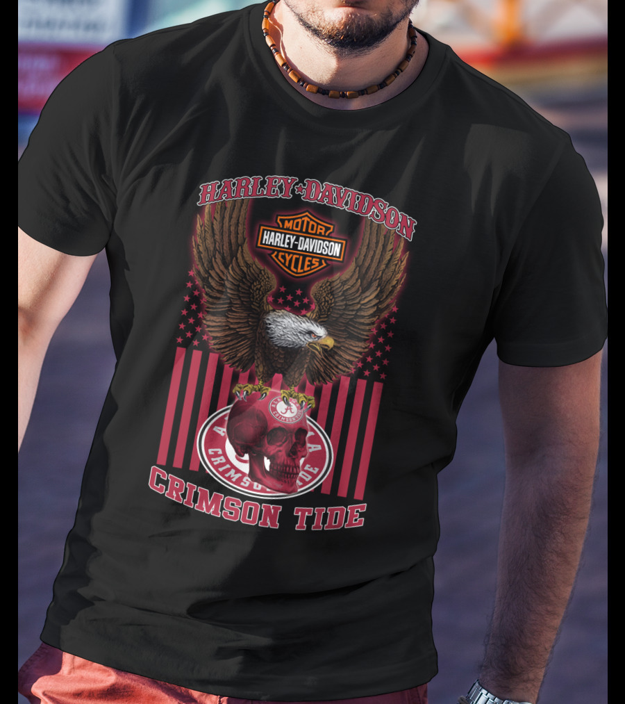Harley Davidson Motor Cycles Eagle Skull Crimson Tide Alabama T-Shirt