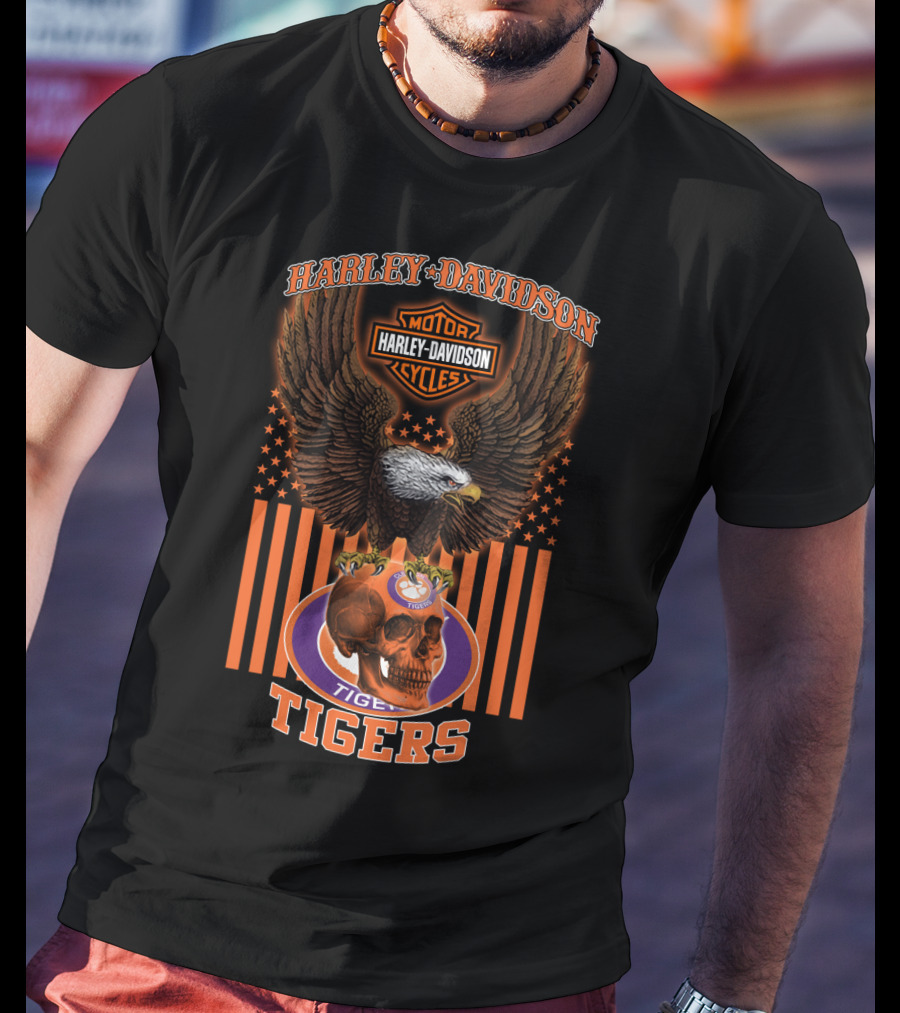 Harley Davidson Motor Cycles Eagle Clemson Tigers Skulls T-Shirt