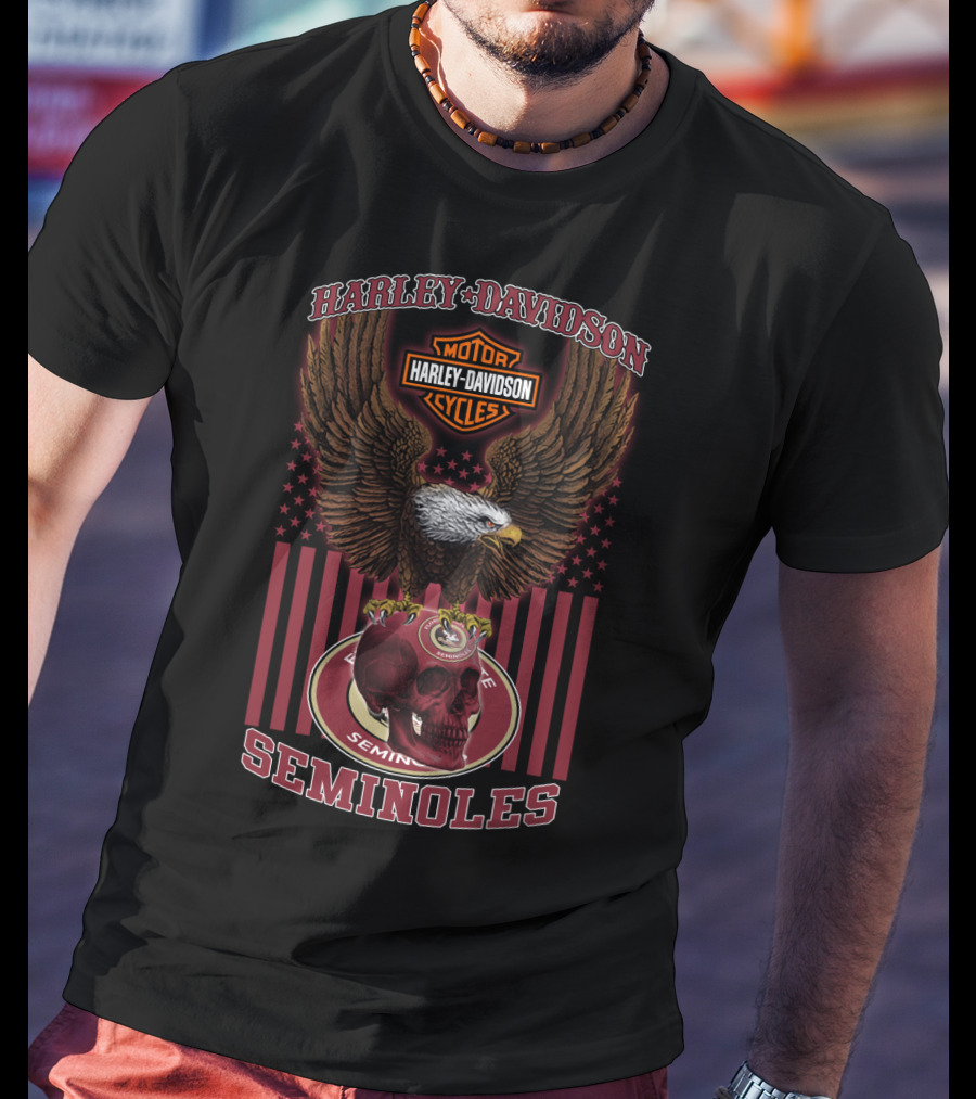Harley Davidson Motor Cycles Florida State Seminoles Eagle And Skull T-Shirt