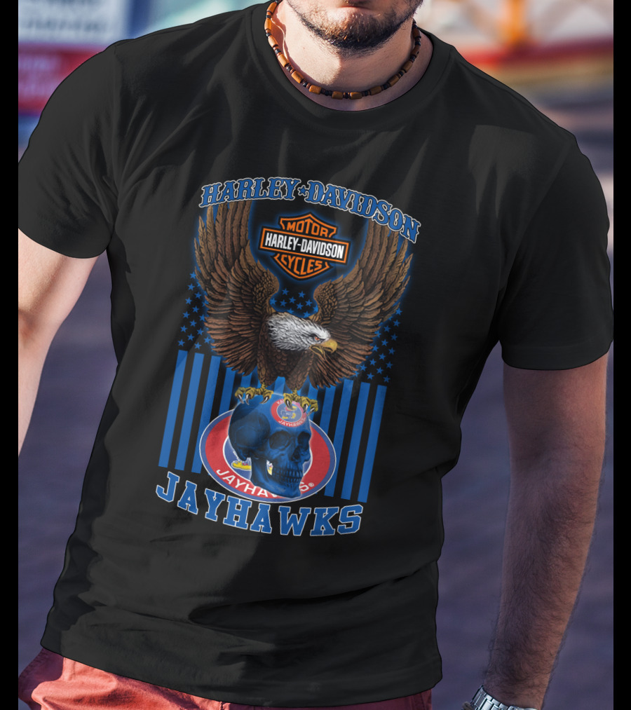 Harley Davidson Motor Cycles Kansas Jayhawks Eagles And Skull T-Shirt