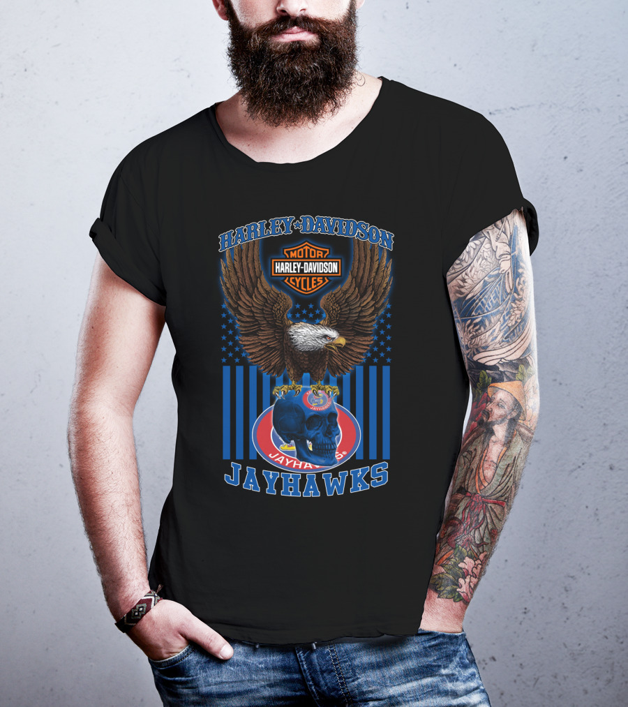 Harley Davidson Motor Cycles Kansas Jayhawks Eagles And Skull T-Shirt