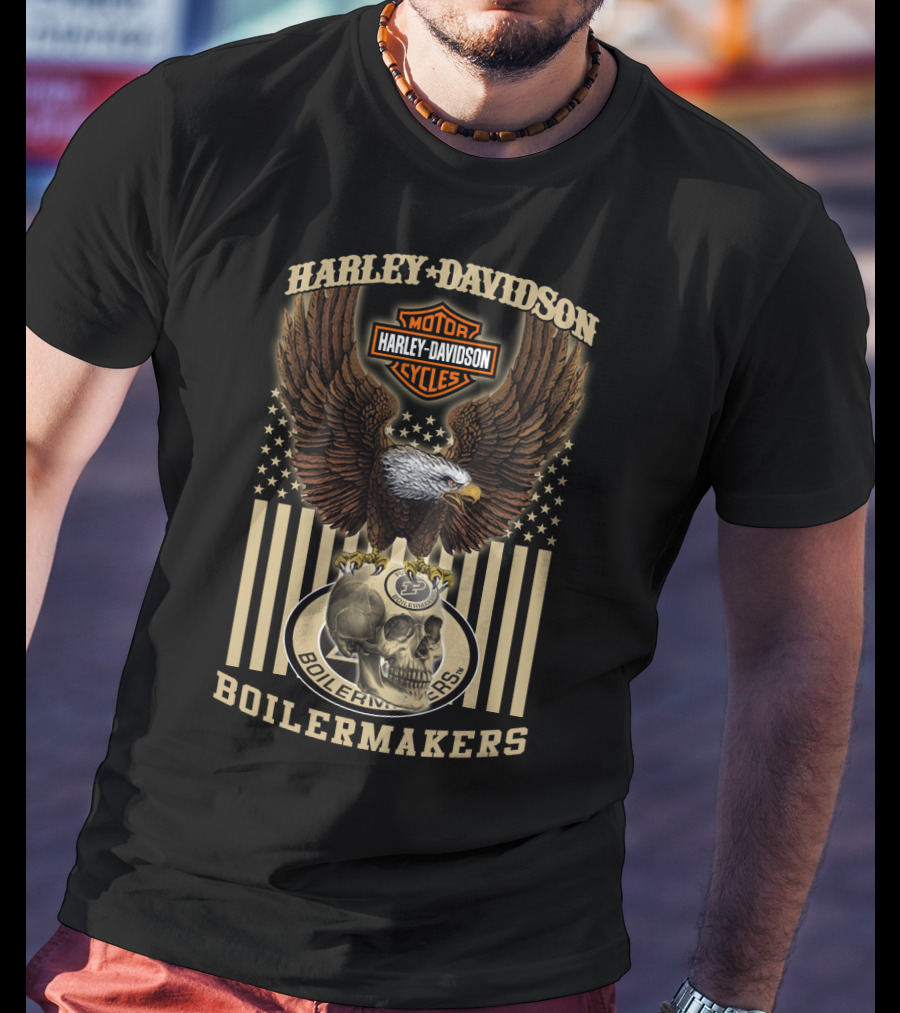 Harley Davidson Motor Cycles Boilermakers Eagle Skull Stars And Stripes T-Shirt