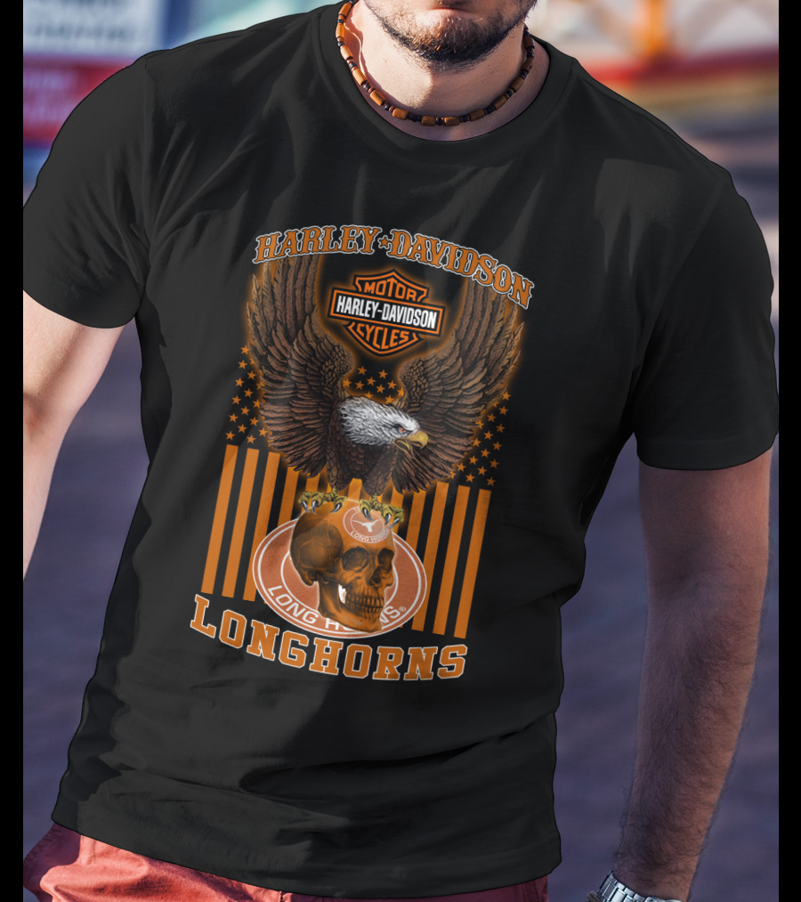 Harley Davidson Motorcycles Texas Longhorns Eagle And Skull T-Shirt