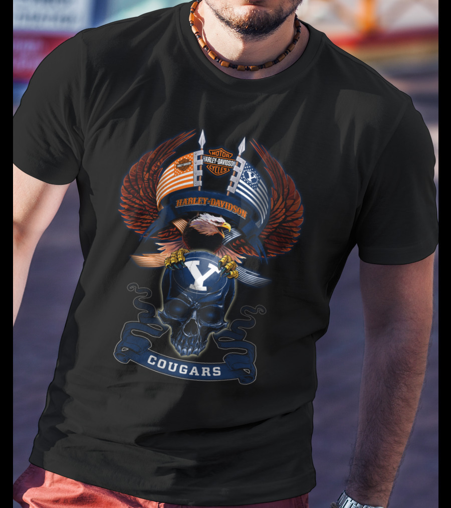 Motor Harley Davidson Cougars Byu Y Skull And Eagle Wings T-Shirt