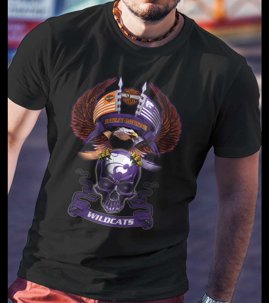 Harley Davidson Motor Cycles Kansas State Wildcats Bald Eagle Skull Wings T-Shirt