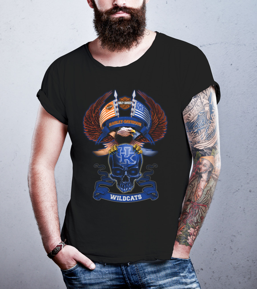 Harley Davidson Kentucky Wildcats Skull And American Flag Eagle T-Shirt