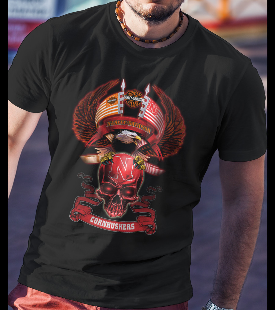 Harley Davidson Motorcycles Nebraska Cornhuskers Eagle And Skull T-Shirt