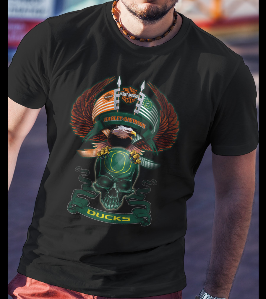 Harley Davidson Motorcycles Oregon Ducks Eagle And Skull T-Shirt