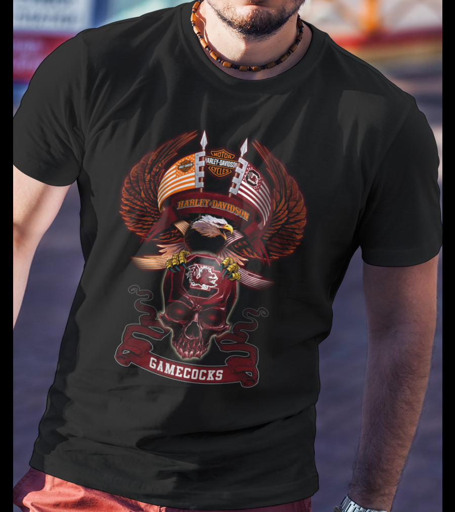 Harley Davidson Motorcycles Gamecocks South Carolina Bald Eagle Skull T-Shirt