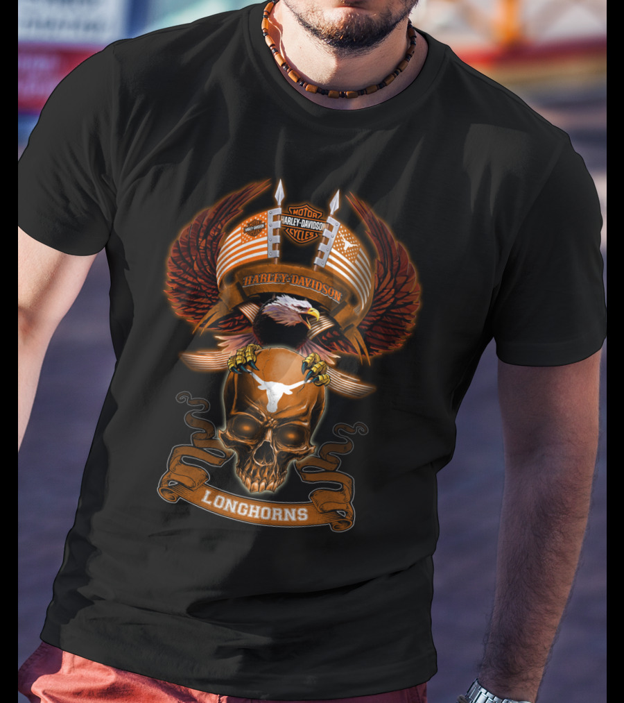 Harley Davidson Texas Longhorns Eagle Skull Wings T-Shirt