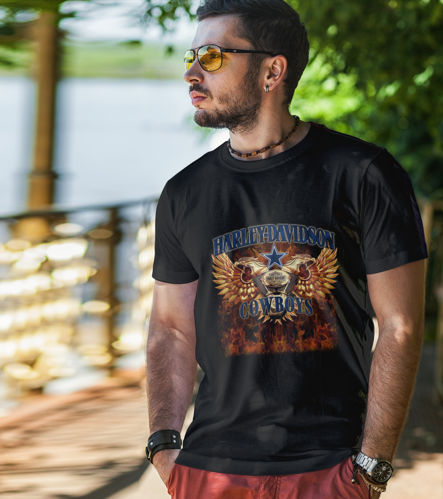 Harley Davidson Cowboys Motorcycles Star Wings Flames T-Shirt