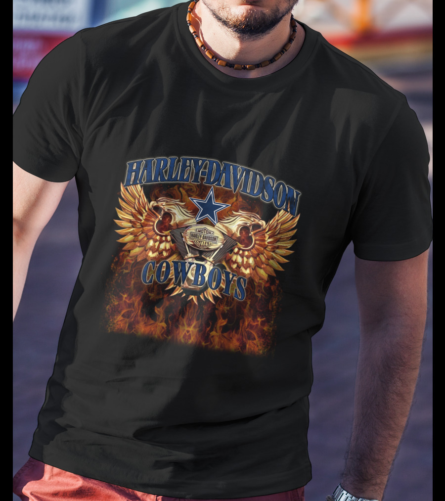 Harley Davidson Cowboys Motorcycles Star Wings Flames T-Shirt