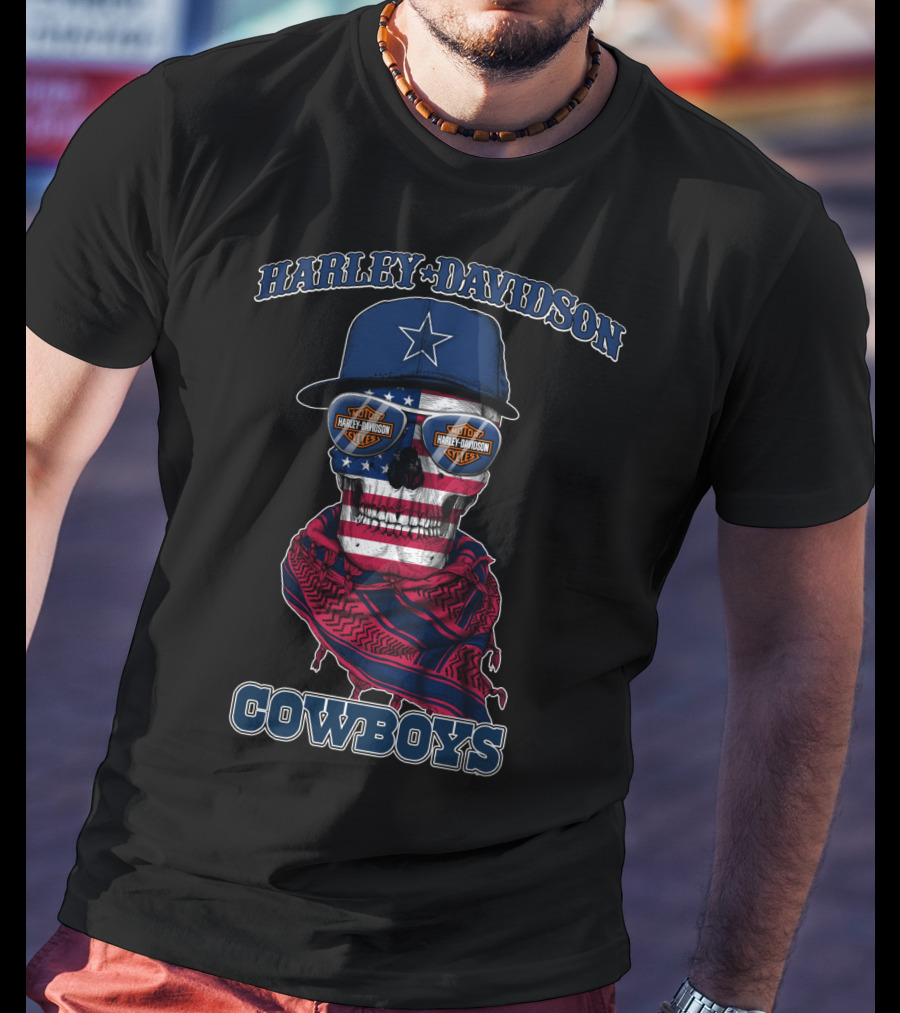 Harley Davidson Usa Cowboys Skull With Flag Bandana And Star Cap T-Shirt