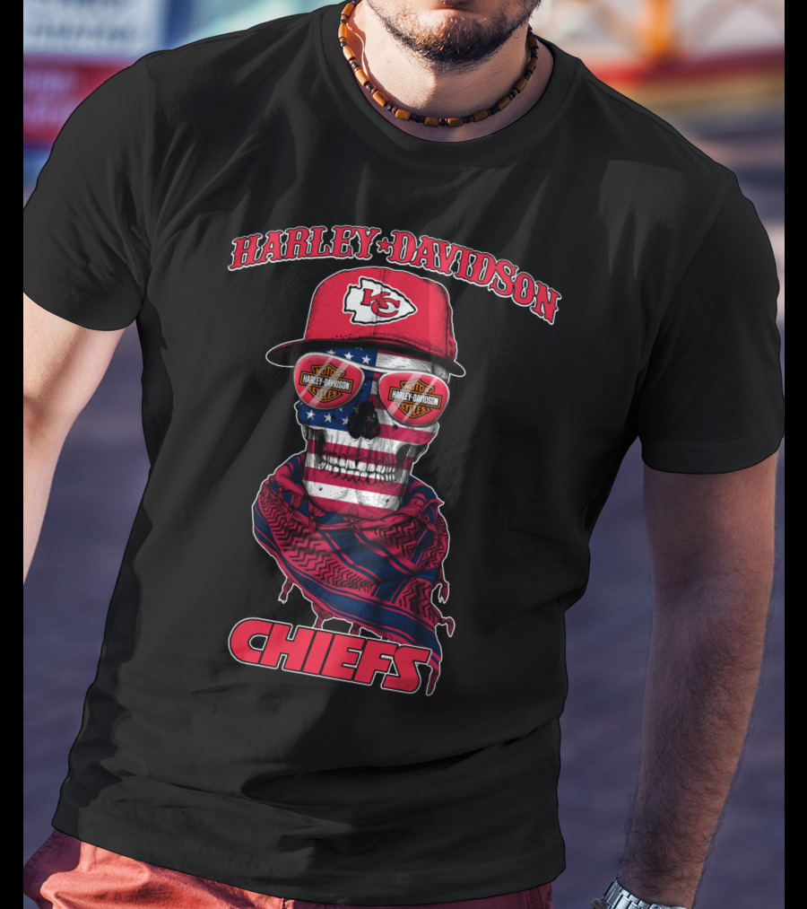 Harley Davidson Kansas City Chiefs Skull Usa Flag Bandana T-Shirt
