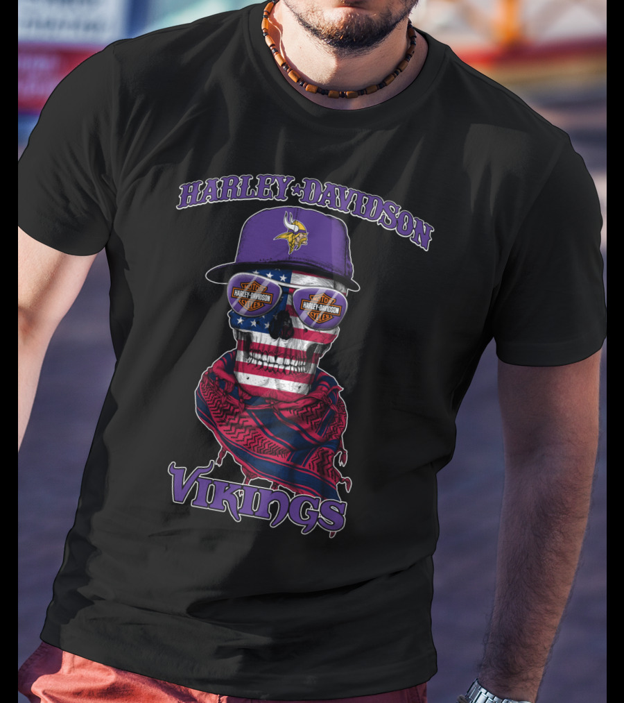 Harley Davidson Vikings Minnesota Skull Usa Flag Nfl T-Shirt