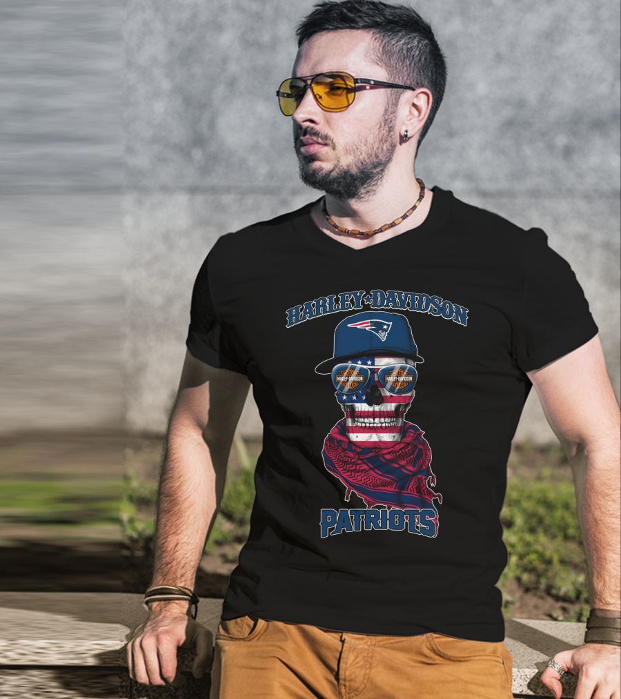 Harley Davidson New England Patriots Usa Flag Skull With Sunglasses T-Shirt