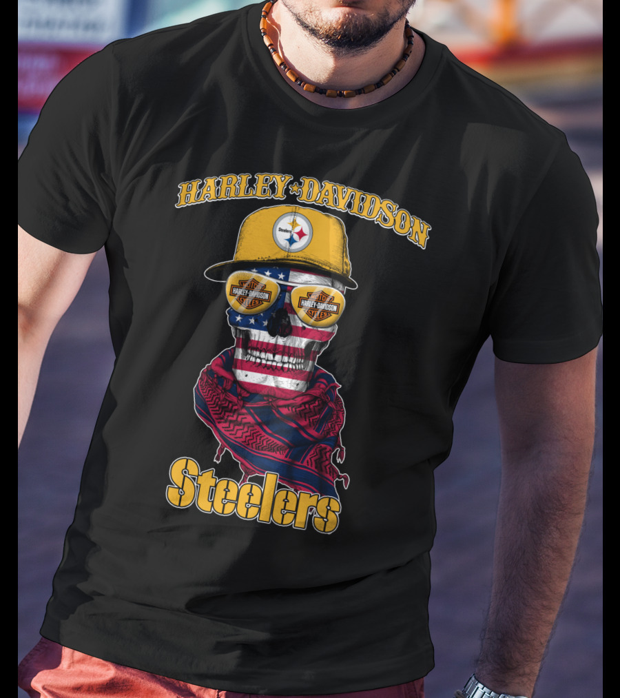 Harley Davidson Steelers American Flag Skull Cap T-Shirt