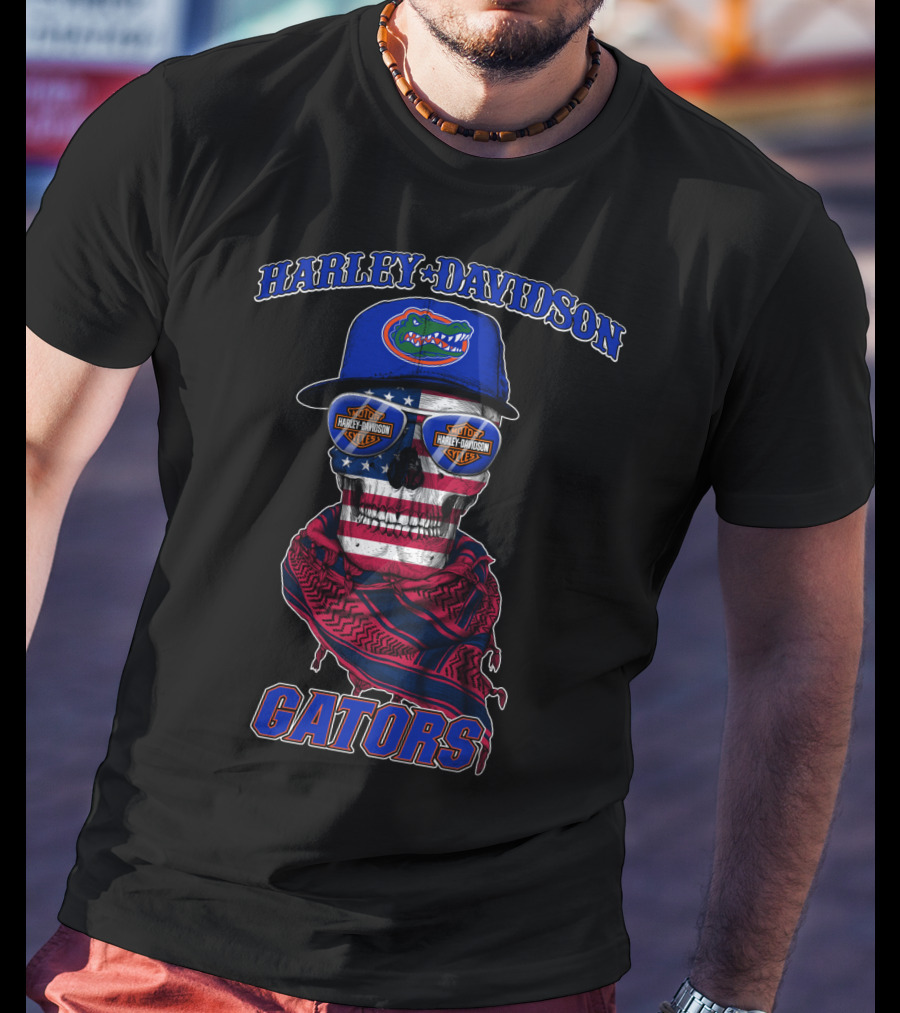 Harley Davidson Gators Florida American Flag Skull T-Shirt