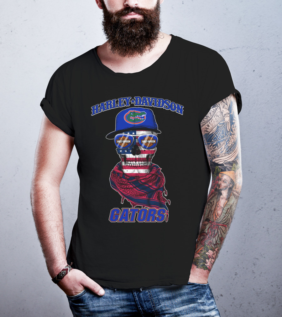 Harley Davidson Gators Florida American Flag Skull T-Shirt