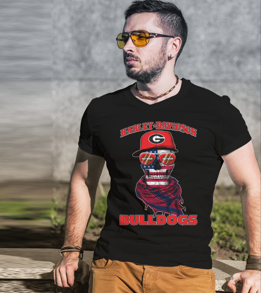 Harley Davidson Georgia Bulldogs Usa Flag Skull T-Shirt