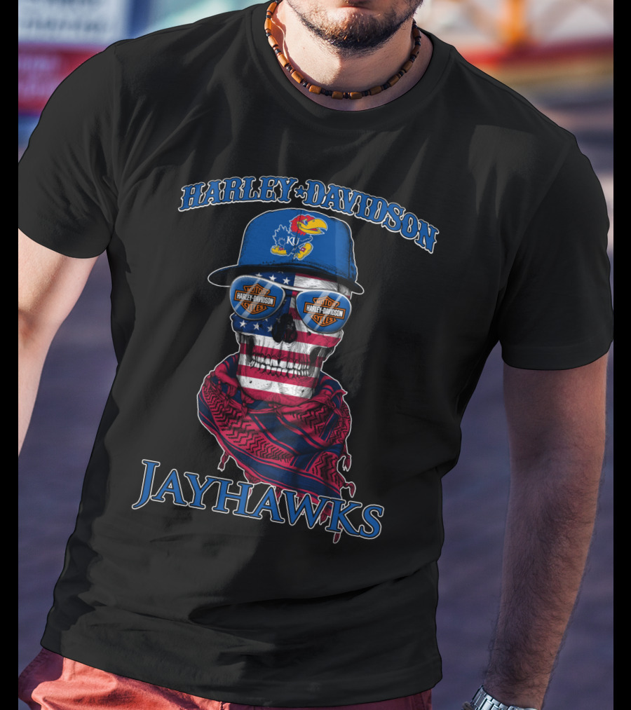 Harley Davidson Kansas Jayhawks Skull With Usa Flag Bandana And Logo Sunglasses T-Shirt