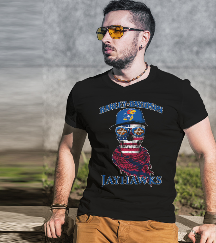 Harley Davidson Kansas Jayhawks Skull With Usa Flag Bandana And Logo Sunglasses T-Shirt