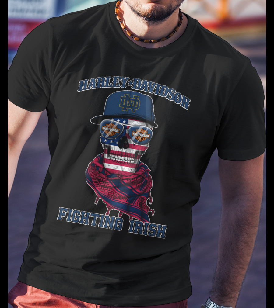 Harley Davidson Notre Dame Fighting Irish Skull With American Flag And Bandana T-Shirt