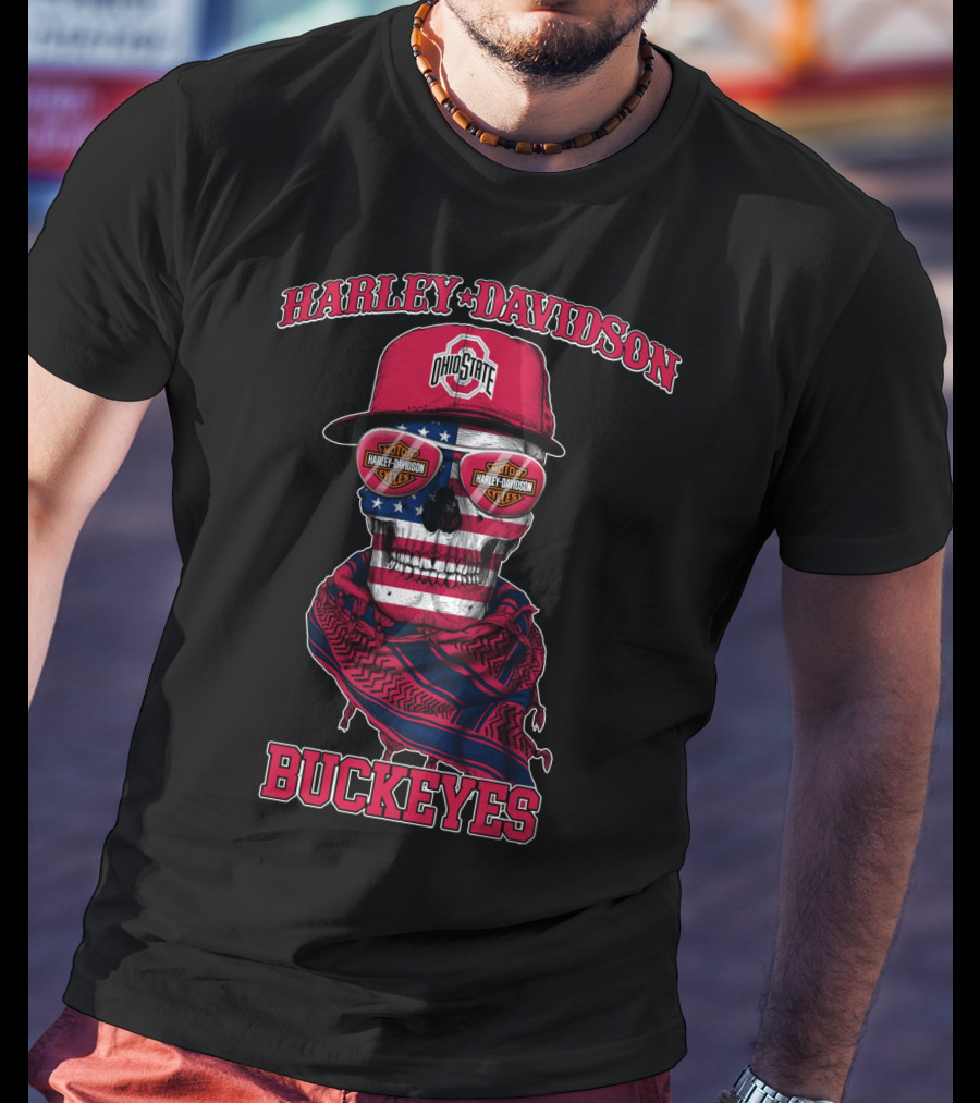 Harley Davidson Ohio State Buckeyes Usa Flag Skull T-Shirt