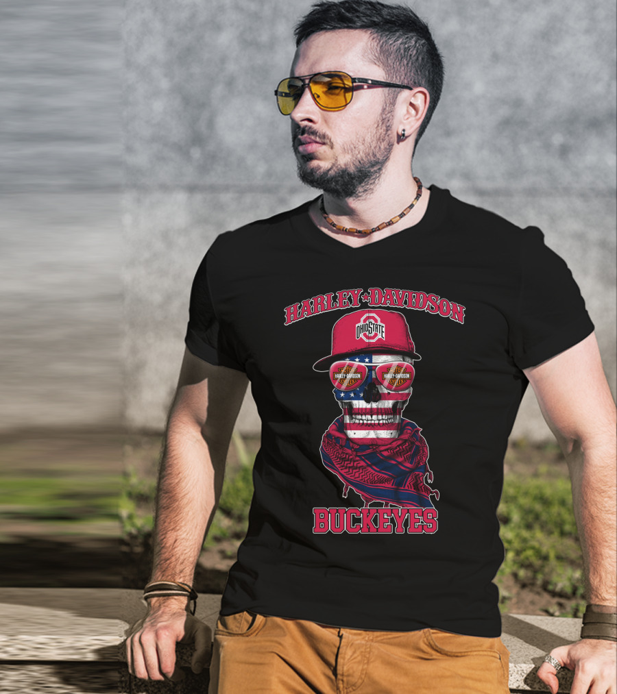 Harley Davidson Ohio State Buckeyes Usa Flag Skull T-Shirt