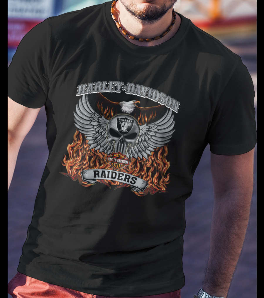 Harley Davidson Raiders Skull Wings Fire Las Vegas Raiders T-Shirt