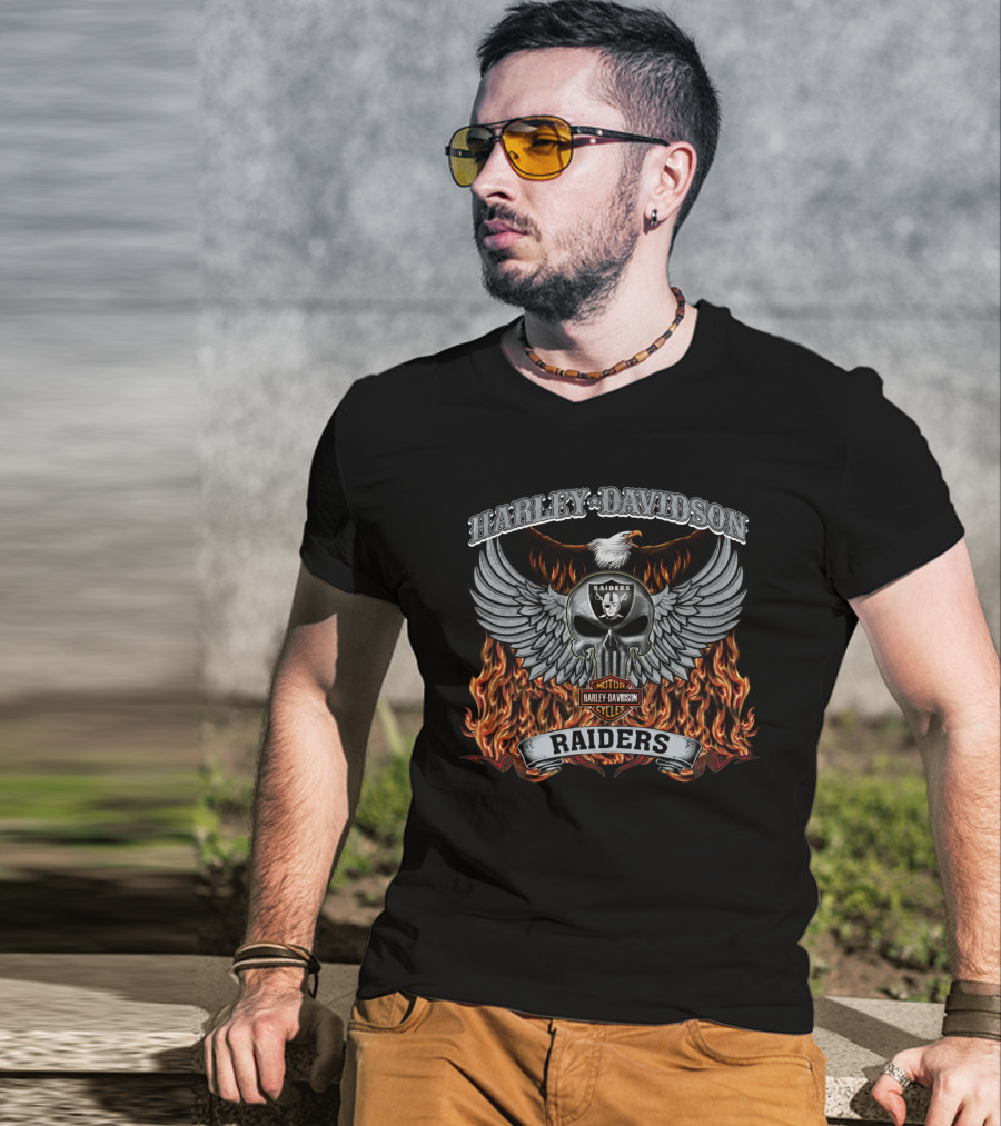 Harley Davidson Raiders Skull Wings Fire Las Vegas Raiders T-Shirt
