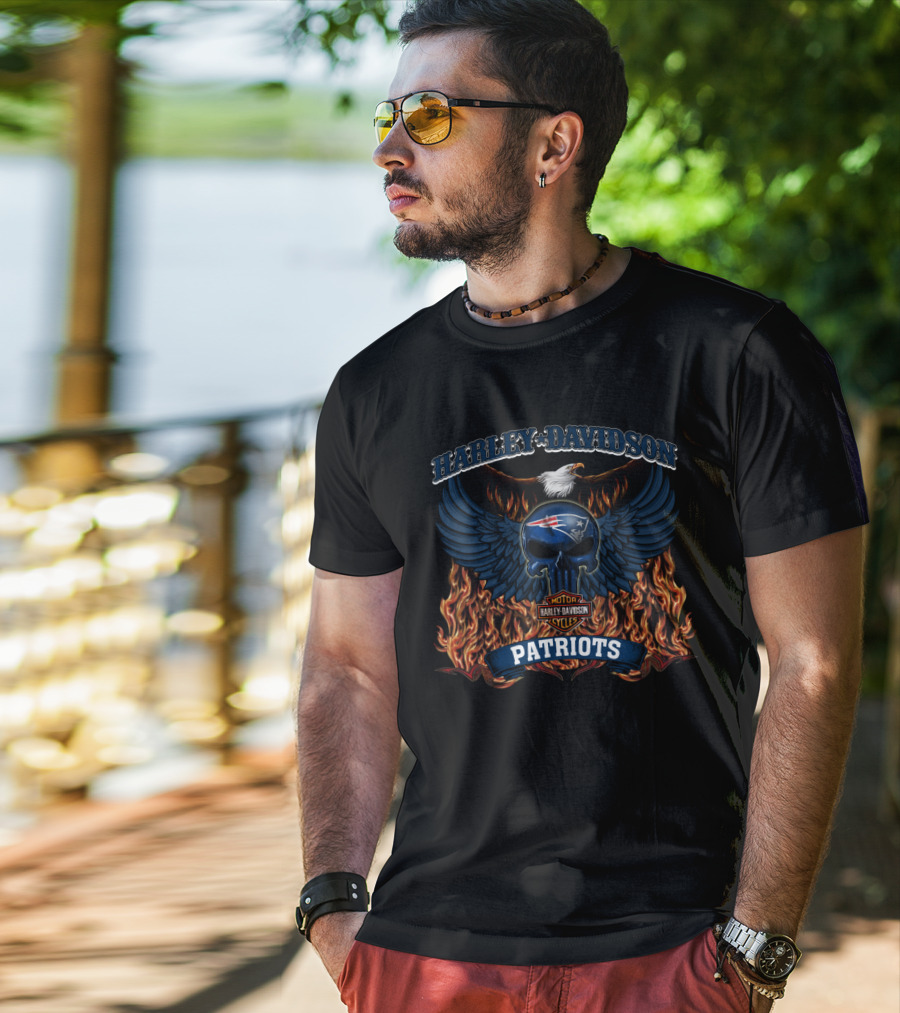 Harley Davidson Nfl New England Patriots Winged Skull And Flames T-Shirt