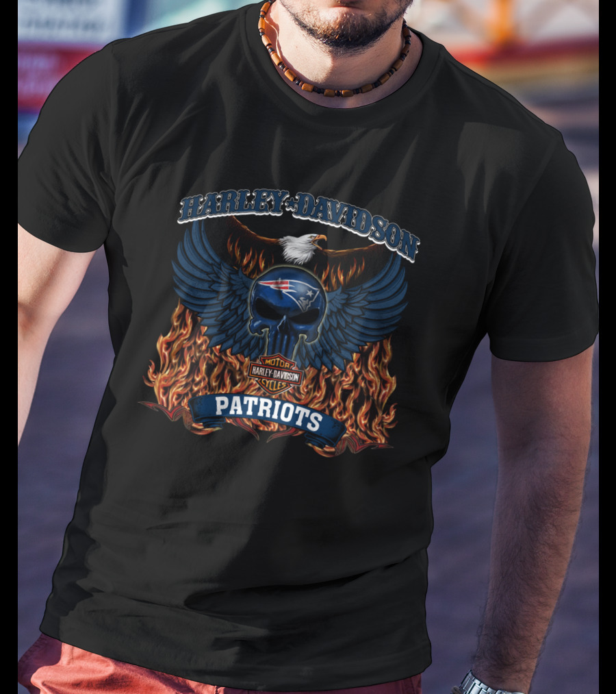 Harley Davidson Nfl New England Patriots Winged Skull And Flames T-Shirt