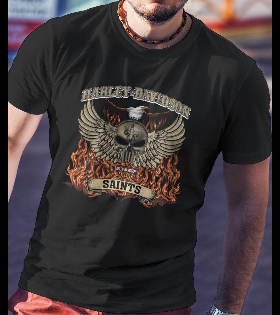 Harley Davidson Motor Cycles Saints New Orleans Flames And Skull T-Shirt