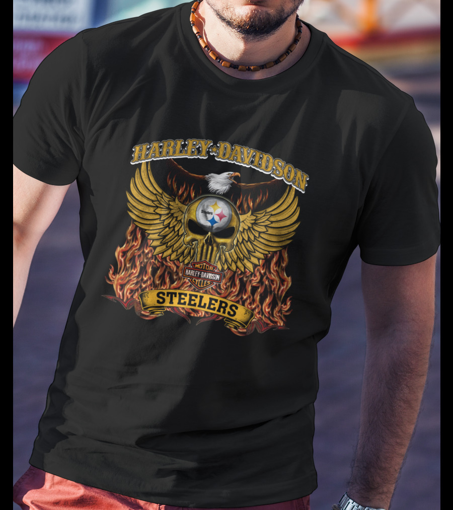 Harley Davidson Pittsburgh Steelers Winged Skull Flames T-Shirt