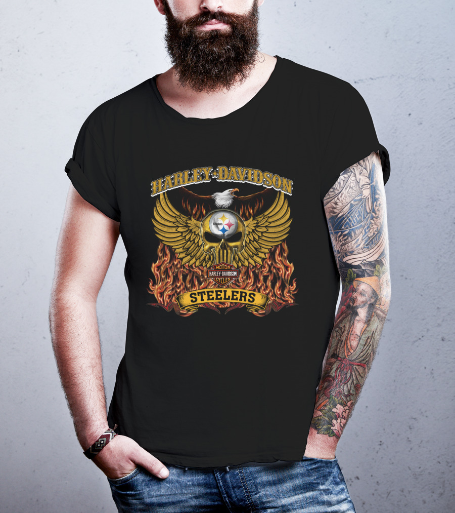 Harley Davidson Pittsburgh Steelers Winged Skull Flames T-Shirt