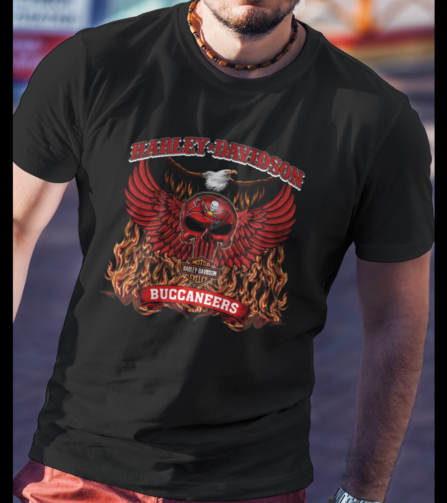 Harley Davidson Buccaneers Winged Skull Motor Cycles Flame T-Shirt