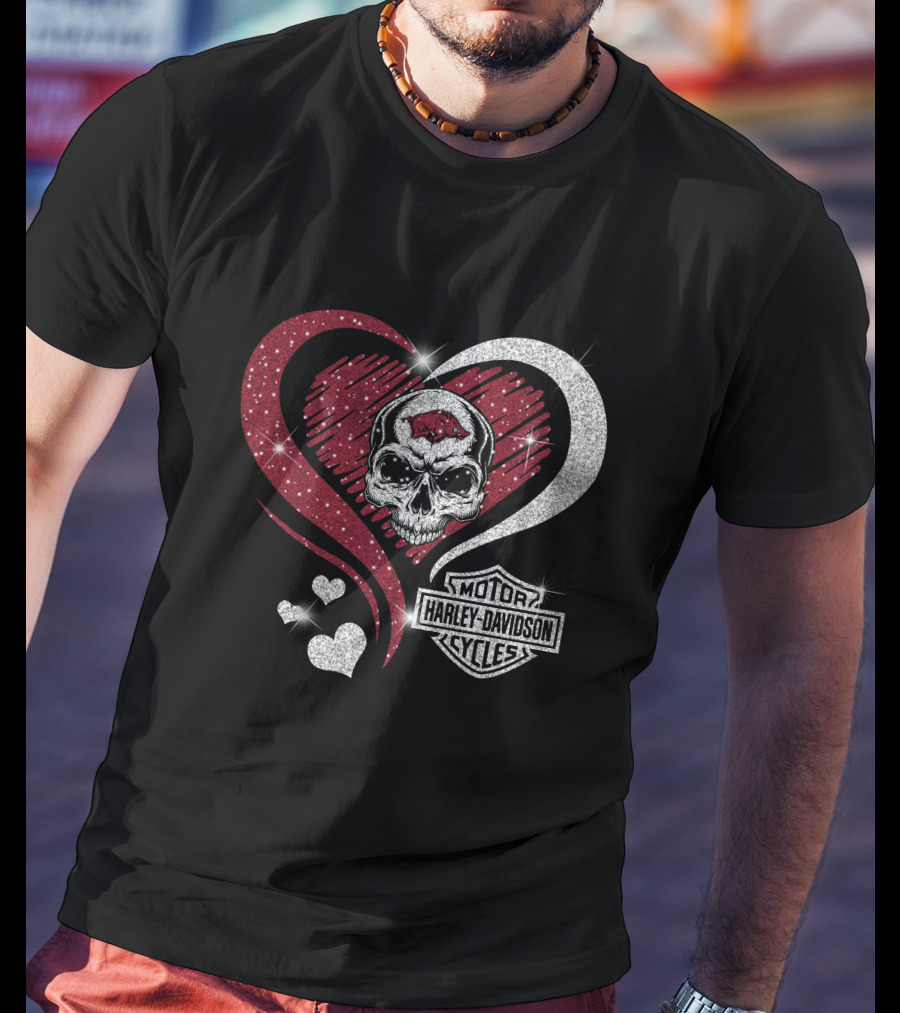 Ncaa Arkansas Razorbacks Harley Davidson Skull Heart T-Shirt